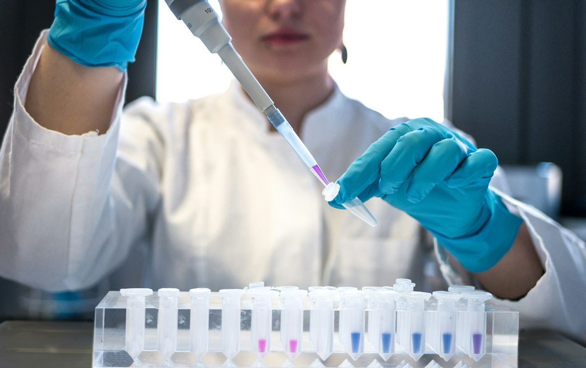 Laboratoriearbeider bruker pipette på prøverør